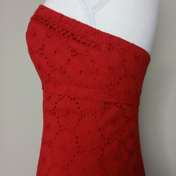 Donna Morgan Strapless Eyelet Fit and Flare Cotton Midi Dress Red Size 10 - Picture 4 of 9